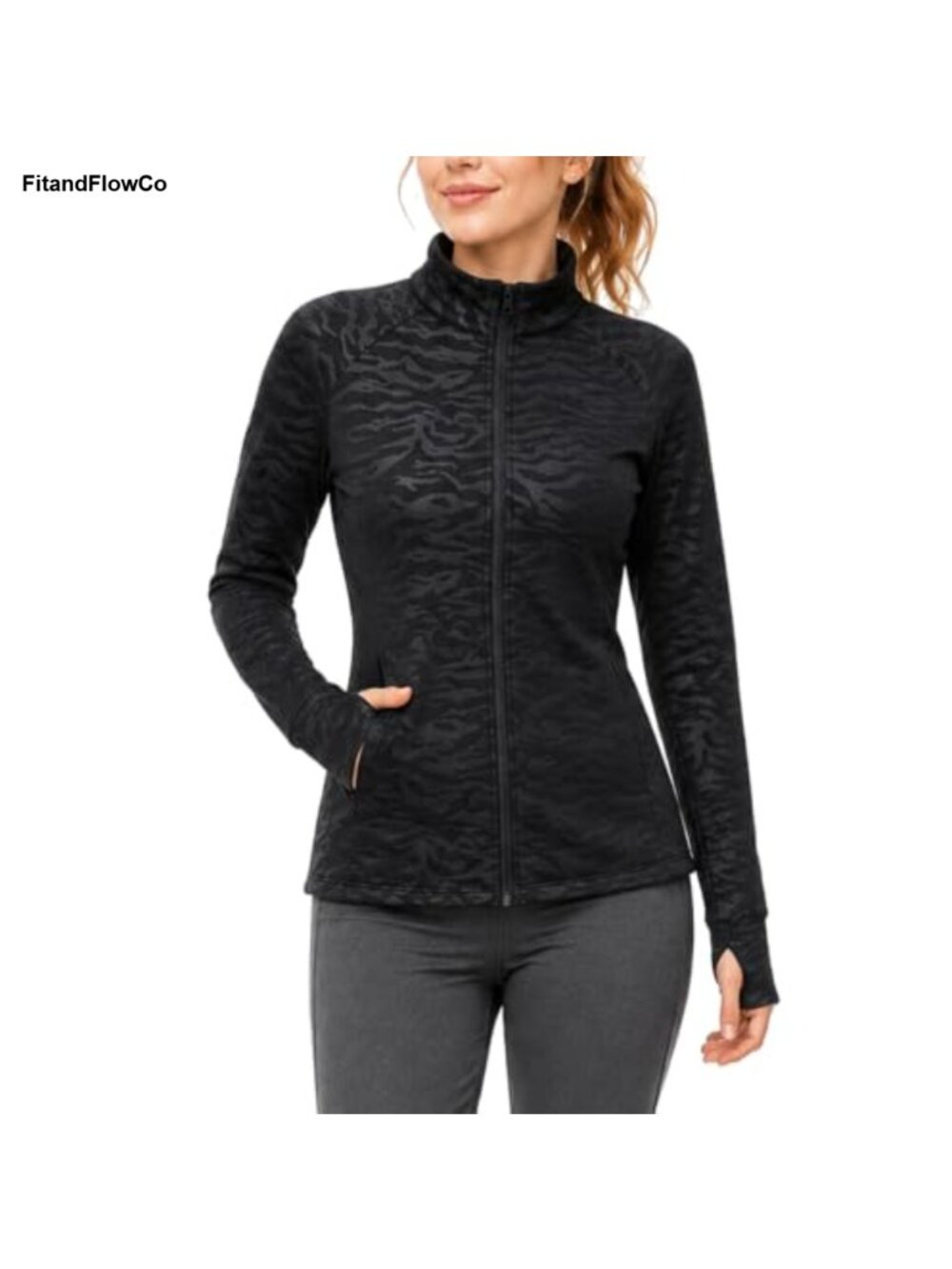 Women's Fleece Running Jacket Full Zip Stand Collar Thumbholes Workout